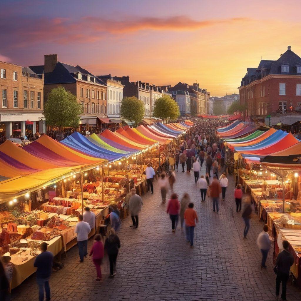 A lively town square filled with diverse community members engaging in various activities such as street performances, workshops, and art displays. Bright banners showcasing cultural events hang between colorful market stalls, creating an atmosphere of celebration and inclusivity. In the foreground, a group of people of different ages collaborates on a community art project. A warm sunset casts a golden glow over the scene, inspiring a sense of belonging and involvement. super-realistic. vibrant colors. lively atmosphere.