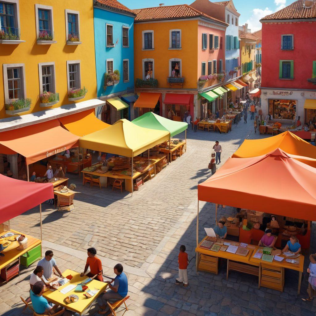 A lively community gathering in a picturesque town square, showcasing diverse people engaged in collaborative writing and sharing ideas over colorful banners and laptops. Include elements representing different cultures, such as food stalls, artwork, and children playing, creating a vibrant and joyful atmosphere. Bright, inviting colors enhance the sense of connection and engagement. super-realistic. vibrant colors. 3D.
