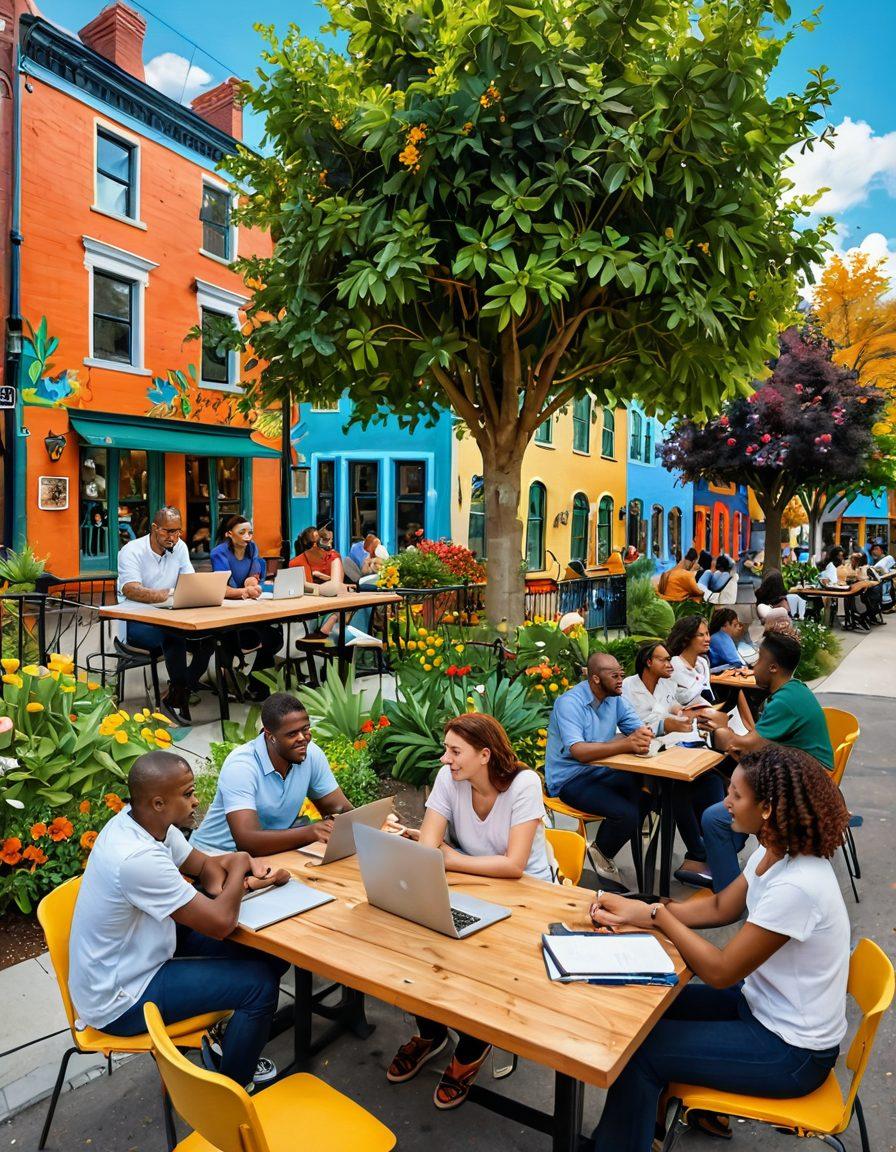 A lively neighborhood scene with diverse people engaging in discussions, sitting around a park table with laptops and coffees, vibrant flowers and greenery surrounding them, showcasing interaction and collaboration. Emphasize a colorful mural in the background depicting community art and culture. warm and inviting atmosphere. vibrant colors. 3D.